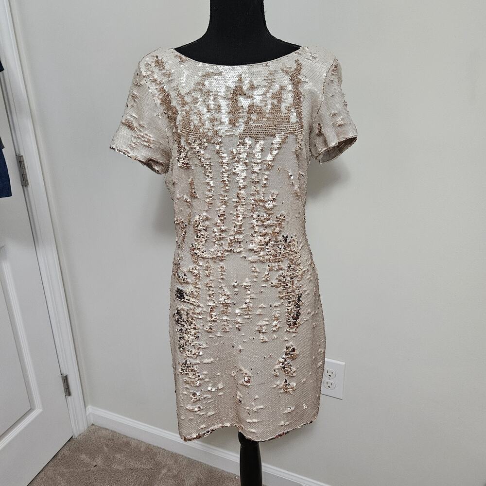 Ark & Co Women’s Ivory Gold Reversible Sequin Dress Short Sleeves Bodycon Sz M